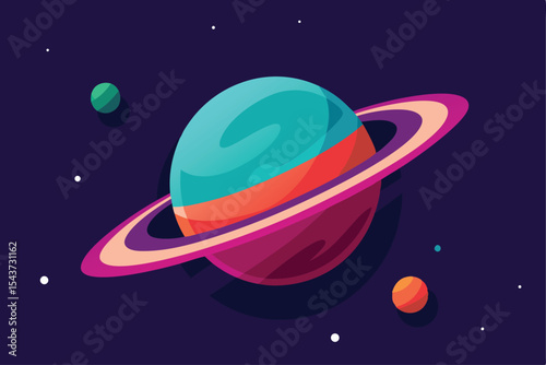 Cartoon Illustration of a Ringed Planet in Space Cosmic Adventure Awaits!
