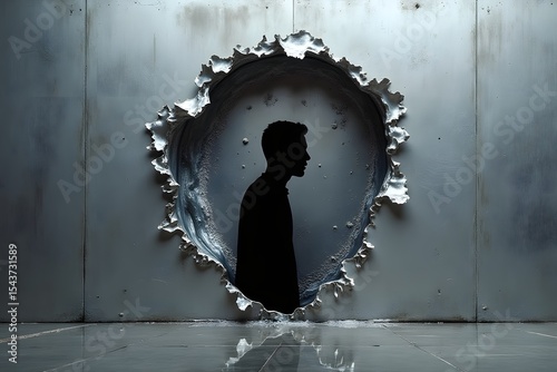 A silhouette emerging from a liquid metallic wall melting in slow motion.
