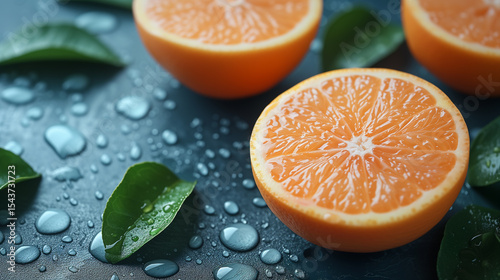 The oranges are cut in half and there are water drops on the table