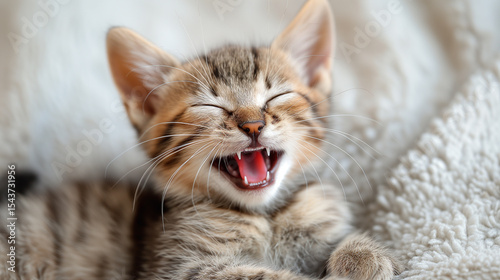 Domestic shorthaired cat with whiskers and fangs lying on soft fabric