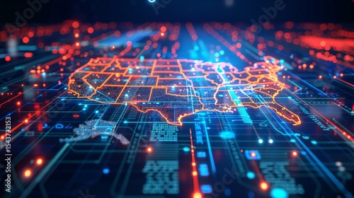 Digital map of the United States with glowing data points and light grid overlay, symbolizing global connectivity and digital nostalgia. Ideal for business marketing, tech innovation, and presentation