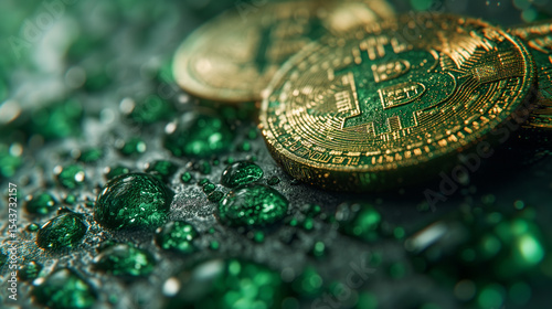 A pile of gold coins sitting on top of a pile of green stones