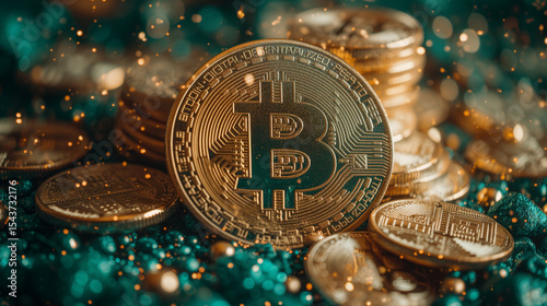 A bitcoin is sitting on top of a pile of gold coins