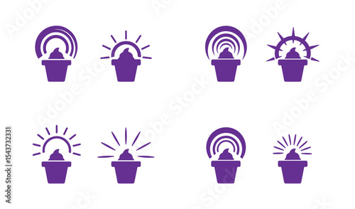 Abstract purple icons representing creative concepts with radiating signals and artistic inspiration
