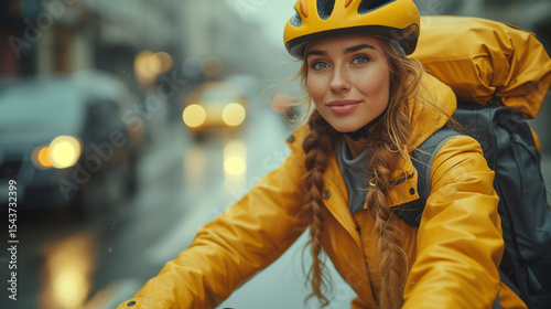 Woman in yellow jacket cycling in city with bicycle helmet