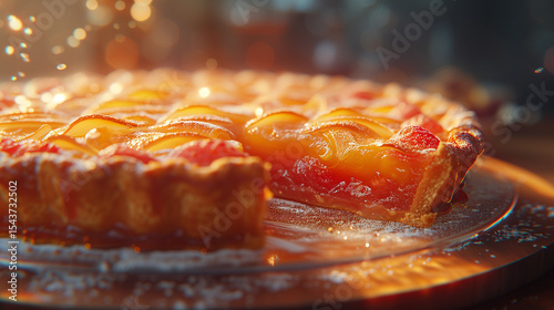 A mouthwatering pie displayed on a rustic wooden table