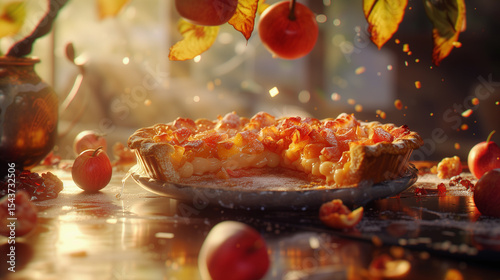 A pie with a slice taken out of it is on a plate on a table