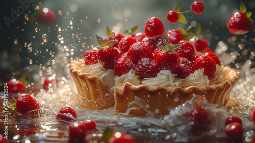A pie with strawberries and whipped cream is splashing in the water