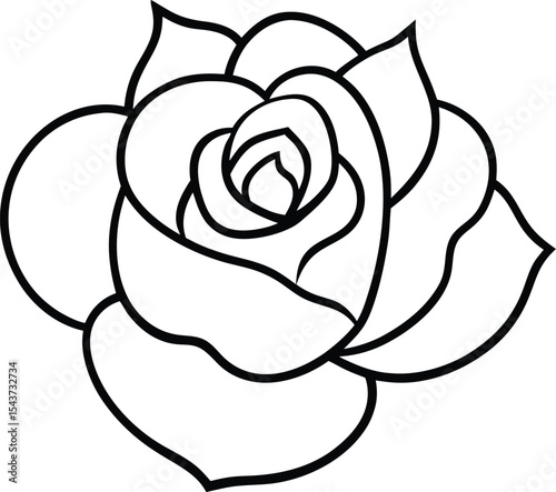 Open rose flower head black line drawing vector illustration