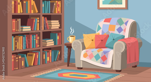 Cozy Living Room Corner with Bookshelf Armchair and Quilt