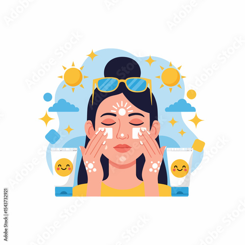 Woman Applying Sunscreen Lotion to Face Protection from UV Rays