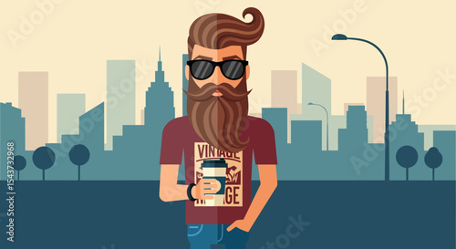 Bearded Man with Coffee in City Illustration Vector Graphics