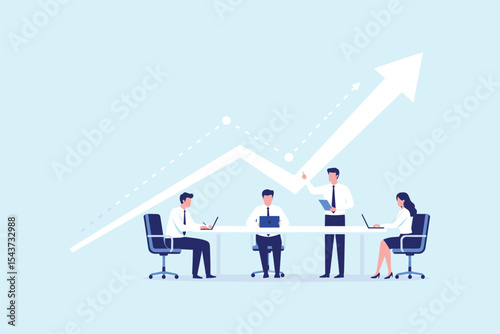 Business team discussing strategies for achieving upward growth, reviewing positive performance trends, and planning for continued success in a collaborative flat vector illustration