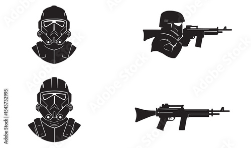 Black and white silhouette illustrations of galactic soldiers with helmets and weapons ready for action