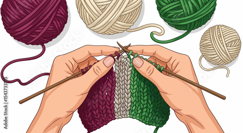 Hands Knitting Colorful Wool Yarn Craft Hobby Project Isolated