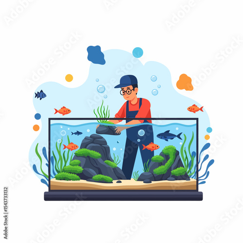 Aquarium Maintenance Man Cleaning Freshwater Tank with Aquatic Plants