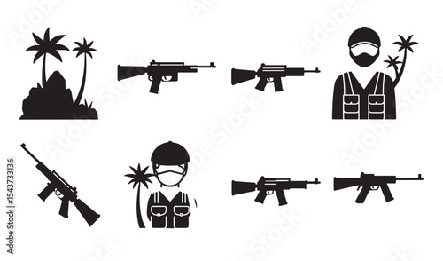 Black and white silhouettes of soldiers firearms and tropical landscape elements