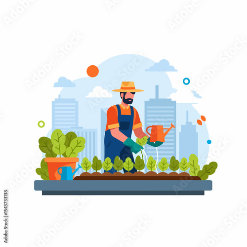 Urban Farmer Watering Seedlings on a Rooftop Garden Terrace