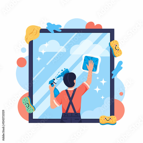 Man Cleaning Window With Spray and Cloth Professional Hygiene Service