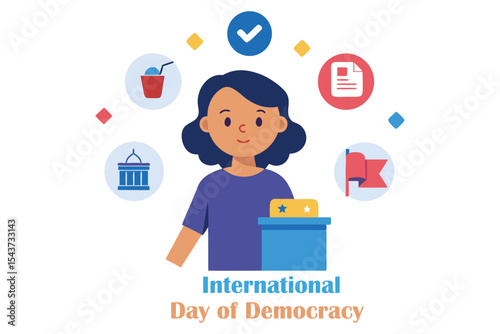 Proud Young Girl Voting Vector – International Day of Democracy Illustration on White Background.