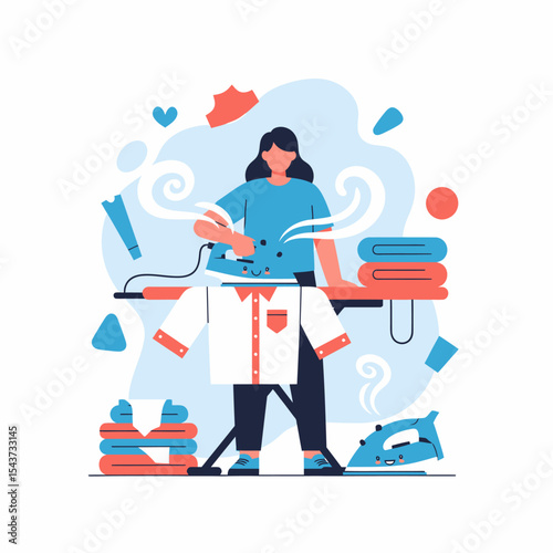 Woman Ironing Shirt Vector Illustration Laundry Home Chores