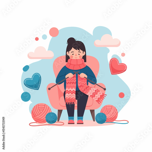 Woman Knitting Scarf In Armchair With Woolen Balls And Hearts