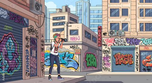 Urban Photographer Capturing Graffiti Art in City Streetscape Scene