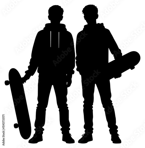 Silhouette of two teenage boys holding skateboards, isolated 