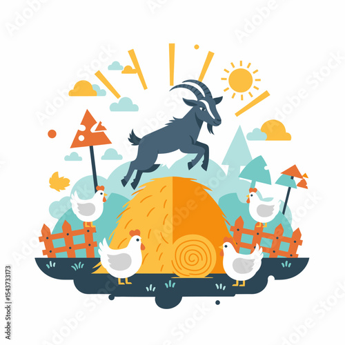 Goat Leaping Over Haystack with Chickens in Rural Farm Scene