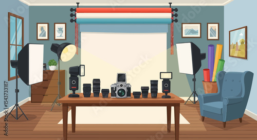 Photography Studio Setup with Lighting Equipment and Camera Lenses