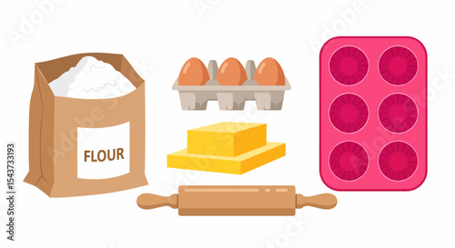 Baking Essentials Still Life Flour Eggs Butter and Mold