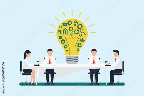  Business team brainstorming innovative ideas and solutions, generating creative concepts for strategic growth, financial success, and problem-solving in collaboration. flat vector illustration