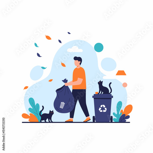 Volunteer Picking Up Trash with Cats Beside Recycling Bin Vector