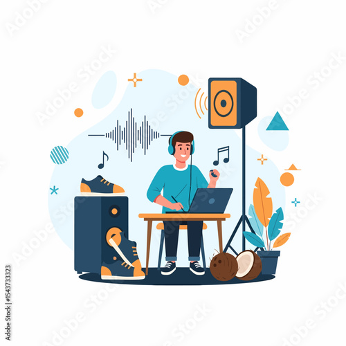 Young Music Producer Creating Tracks on Laptop in Home Studio
