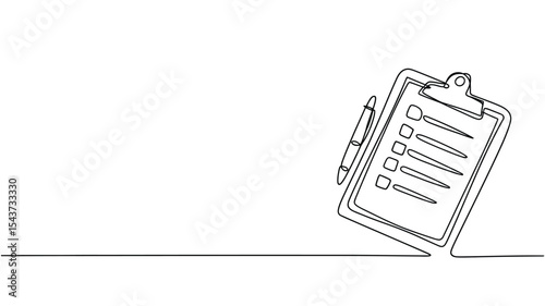 Single line drawing checklist clipboard and pen