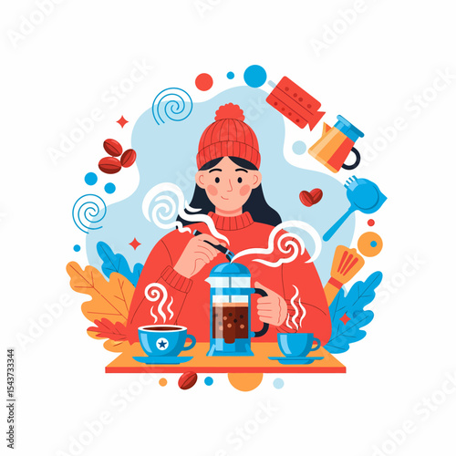 Woman Making Coffee with French Press in Winter Morning