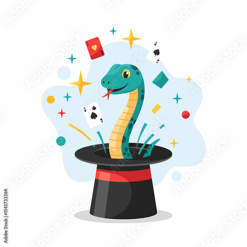 A Cartoon Snake Performing A Magic Trick With Cards And Hat