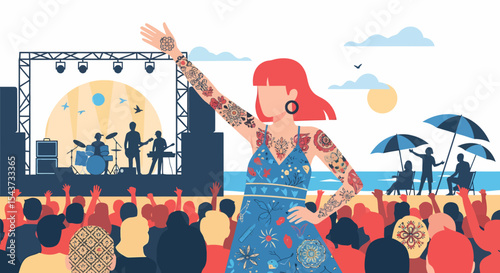 Woman With Tattoos At A Beach Music Festival Crowd