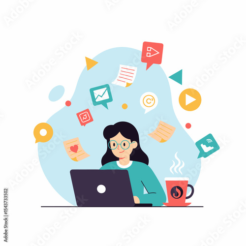 Freelance Woman Working Remotely on Laptop with Digital Marketing Icons