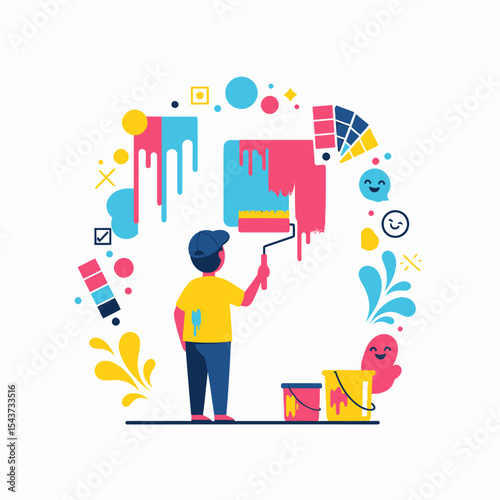 Creative Painter Decorating Wall Colorful Design Illustration