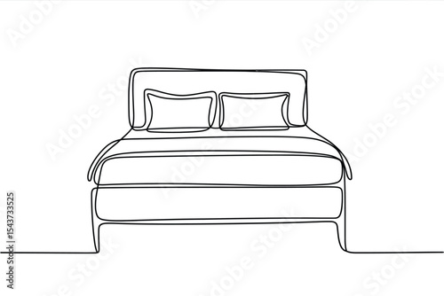 Single line drawing of a made bed with pillows