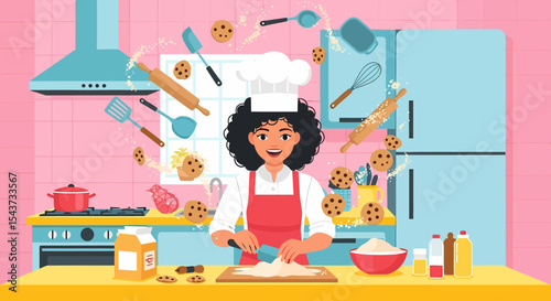 Cheerful Woman Baking Cookies in a Kitchen with Flour Flying