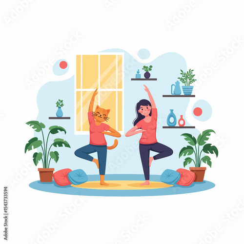 Woman and Cat Practicing Yoga Tree Pose at Home