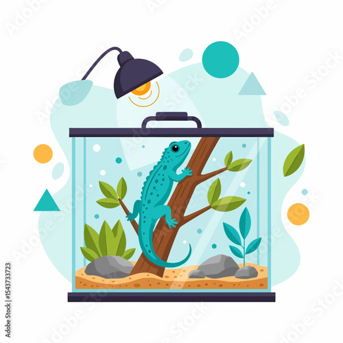 Blue Lizard Climbing Branch in Terrarium with Lamp and Plants