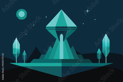 Mystical Monumental Structure in Minimalist Geometric Style against a Dark Night Sky with Stars
