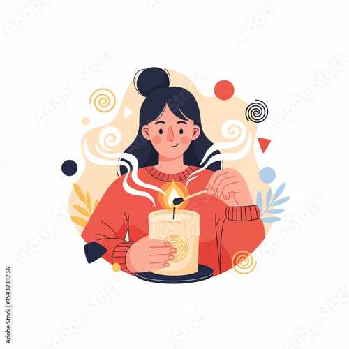 Woman Lights Candle with Match for Relaxation and Aromatherapy at Home
