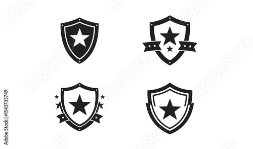 Collection of black and white shield emblems with stars for military awards and achievements