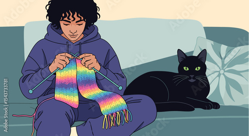 Young Person Knitting Rainbow Scarf with Cat on Sofa