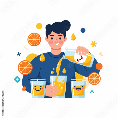 Man Pouring Fresh Orange Juice Into Three Smiling Glasses