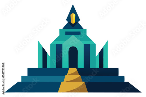 Abstract Teal Temple Illustration with Golden Accents, Ancient Architecture Design